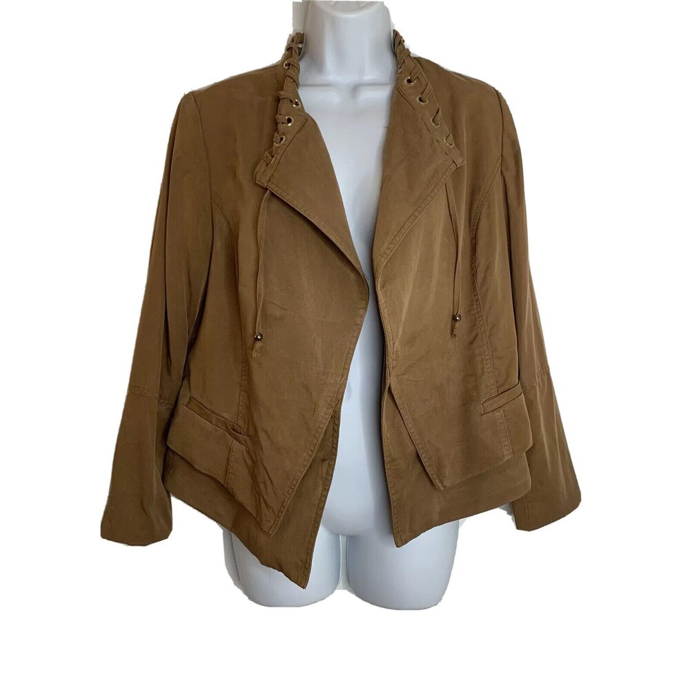 Chico's size 1P M Saddle Brown Whipstitch Lace Up Open Blazer Jacket (09)